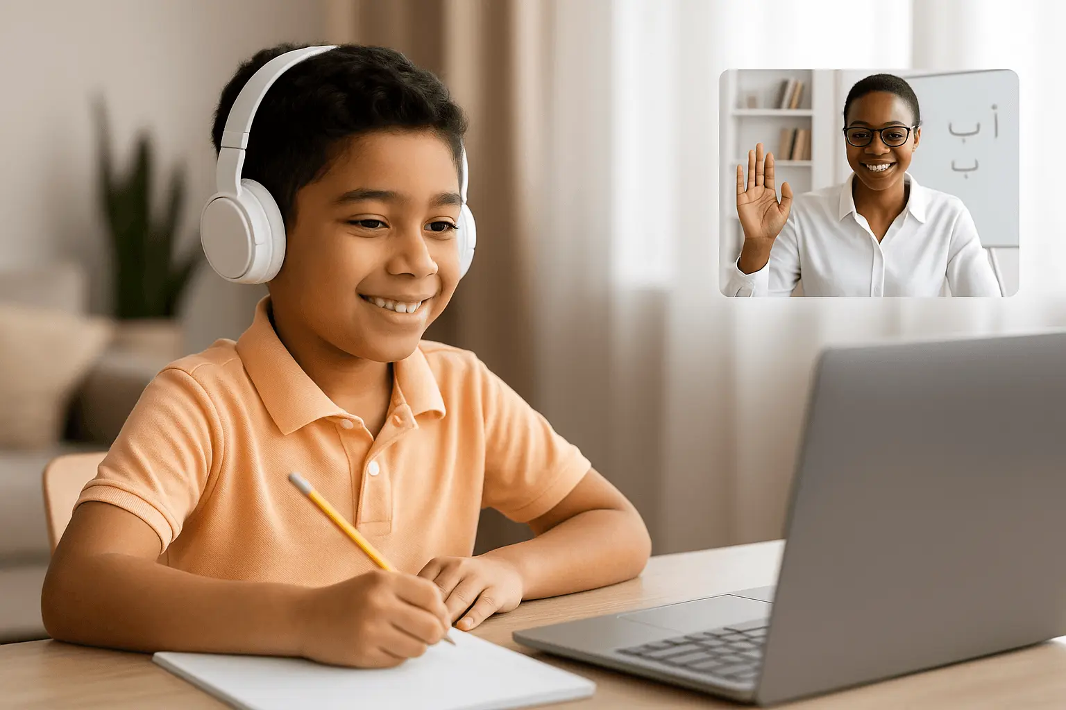 Student wearing headphones attending a live online Arabic class with teacher on screen.
