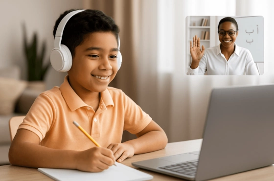 Student wearing headphones attending a live online Arabic class with teacher on screen.