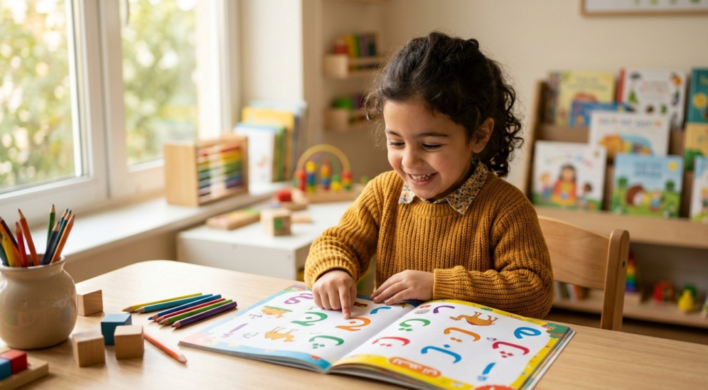 Young girl learning the Arabic alphabet from a colorful illustrated book at a classroom desk