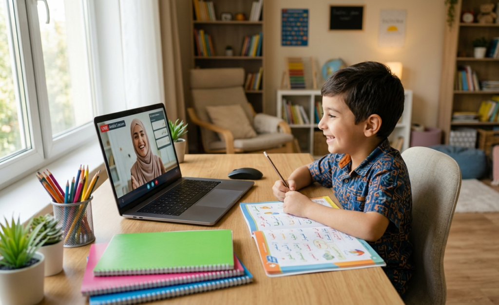 Child learning Arabic online with a teacher on screen at Lingua Arabia Academy