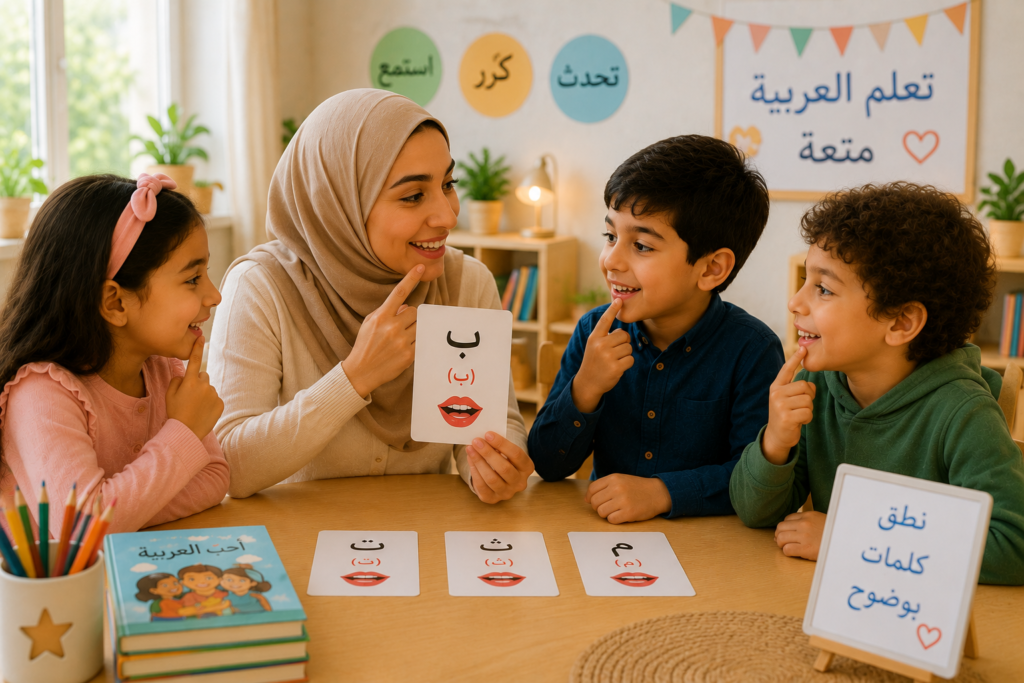 A teacher teaching kids how to pronounce words in arabic