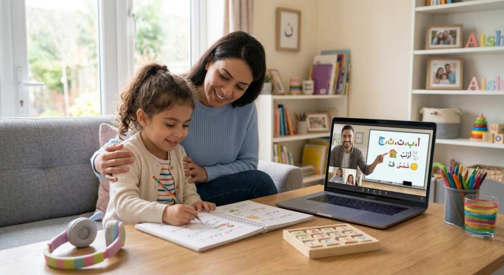 Kid learning an arabic lesson online , along with her mother