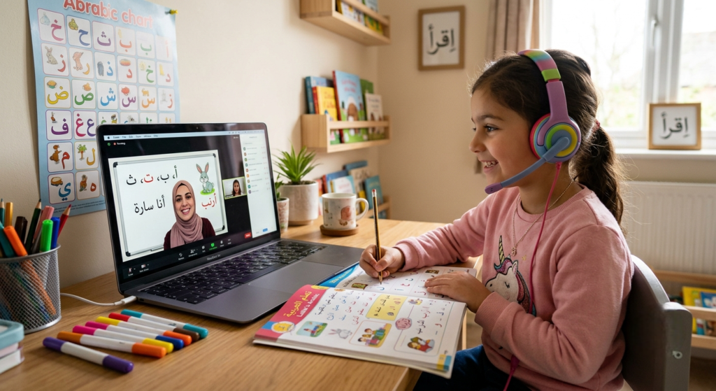 Child learning Arabic online with tutor