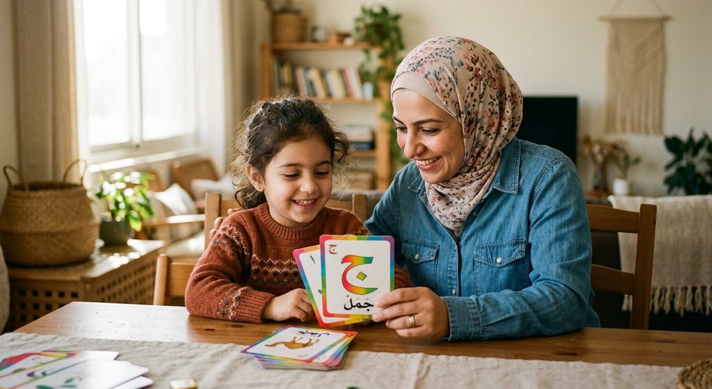 A young child around 6 years old sitting at a table with a parent, both smiling while looking at a colorful Arabic alphabet flashcard together